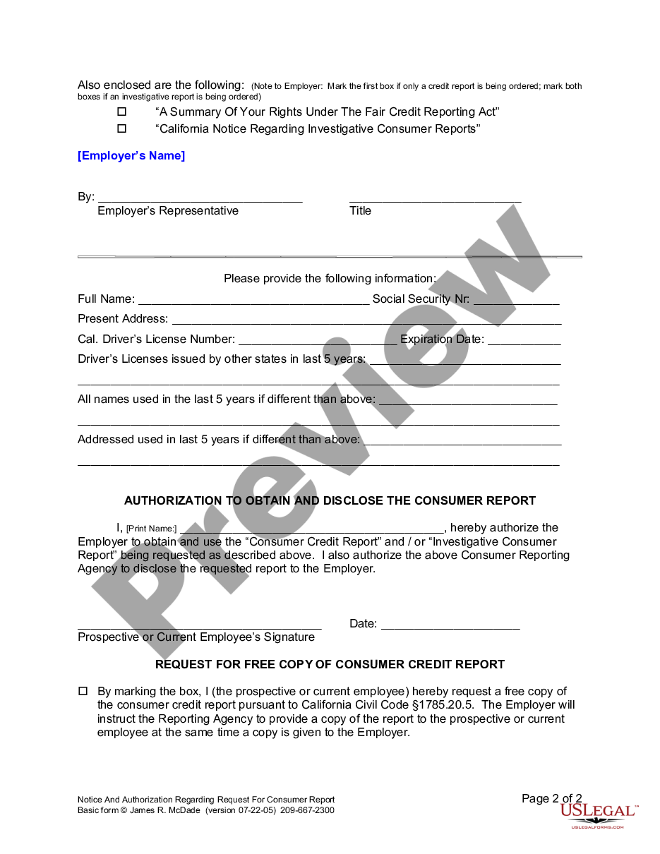 page 1 Notice and Authorization Regarding Consumer Report preview
