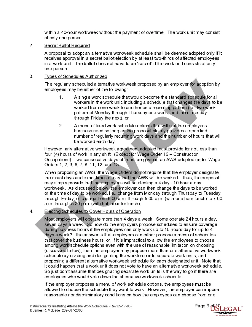 Get Instructions for Instituting Alternative Workweek Schedule Preview Instructions for Instituting Alternative Workweek Schedule