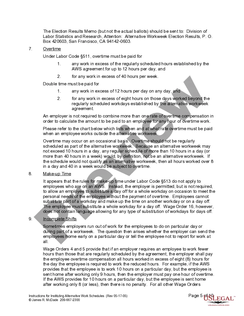 Get Instructions for Instituting Alternative Workweek Schedule Preview Instructions for Instituting Alternative Workweek Schedule