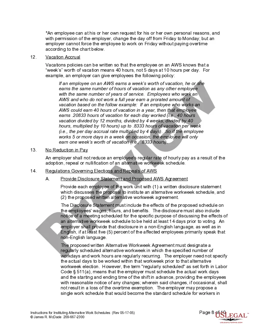 Get Instructions for Instituting Alternative Workweek Schedule Preview Instructions for Instituting Alternative Workweek Schedule