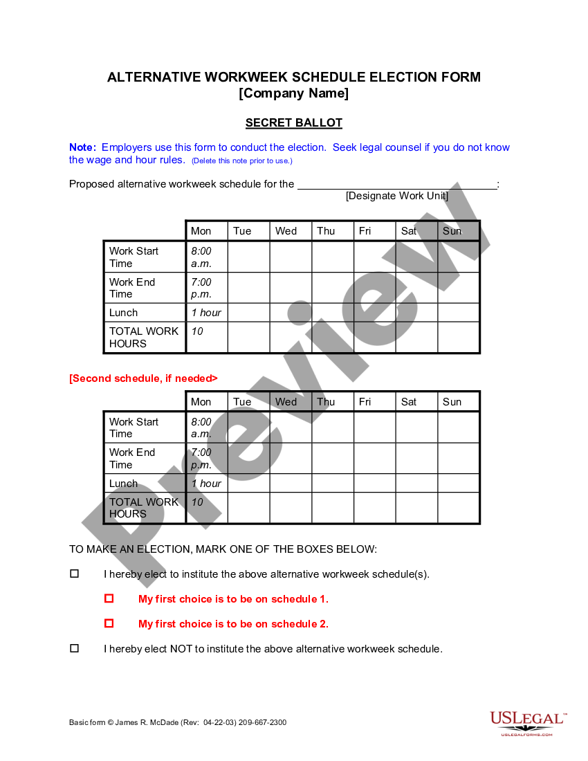 Stockton California Alternative Workweek Schedule Election Form