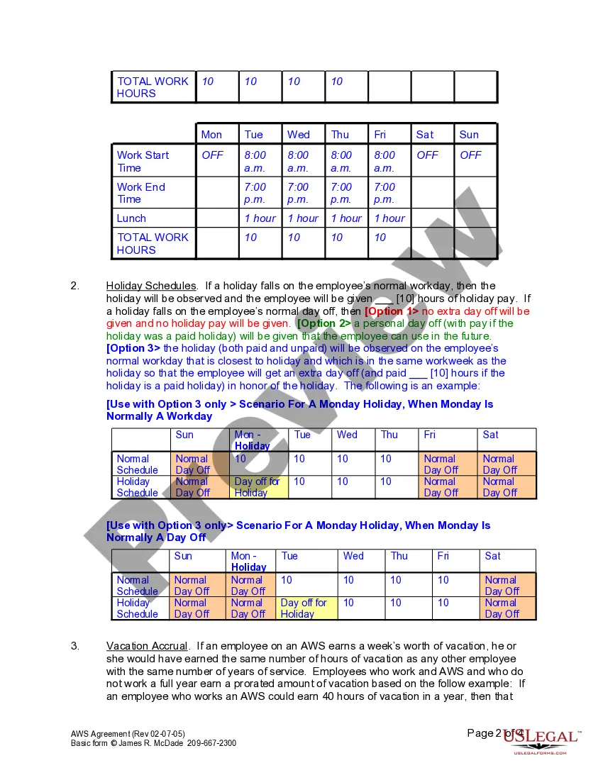 Get Agreement for Alternative Workweek Schedule Preview Agreement for Alternative Workweek Schedule