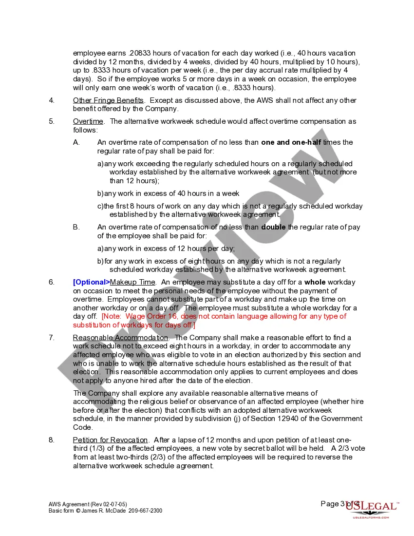 Get Agreement for Alternative Workweek Schedule Preview Agreement for Alternative Workweek Schedule