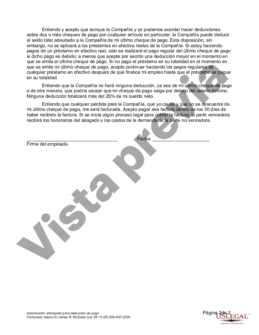 Preview Autorización anticipada para deducción de pago