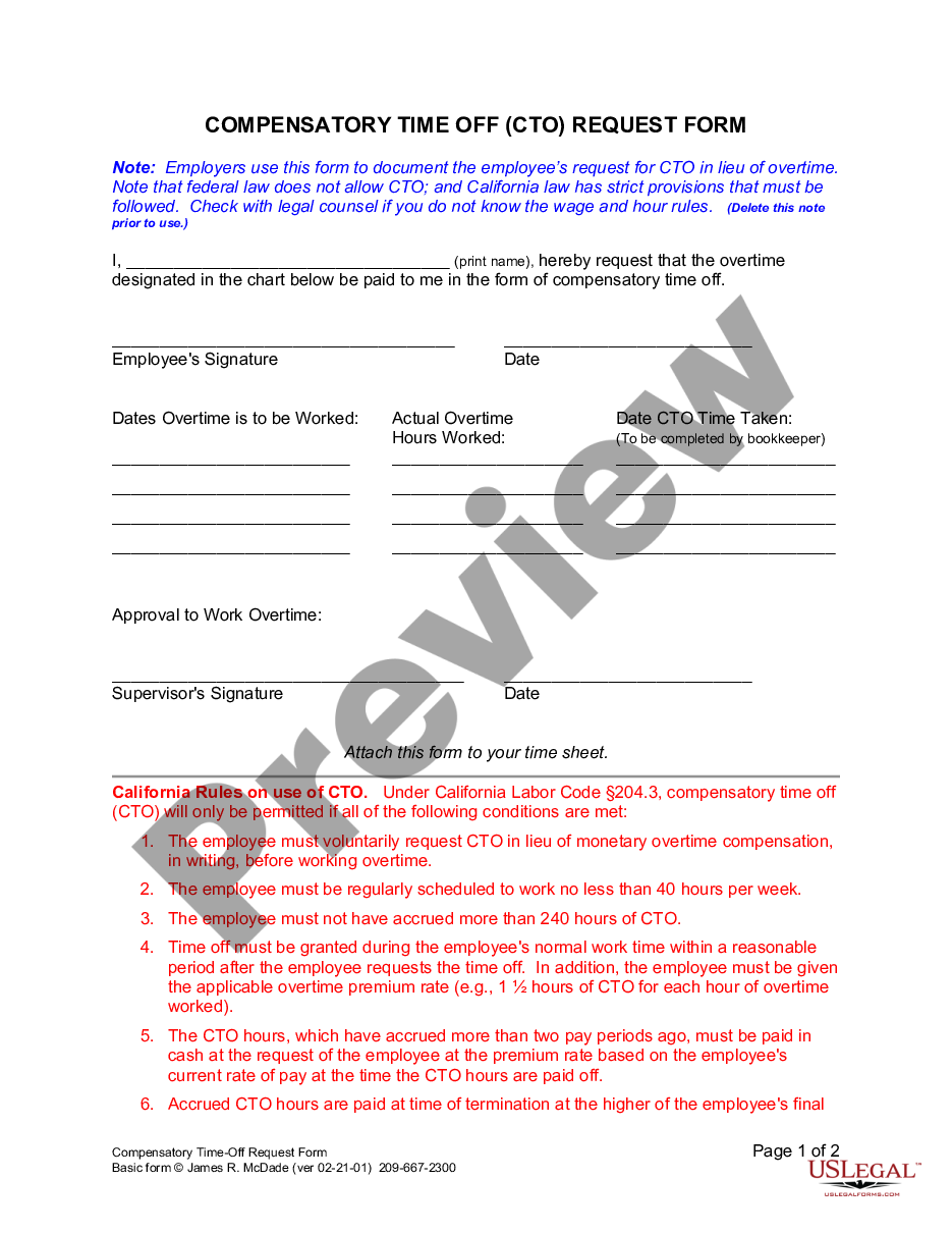 page 0 Compensatory Time Off Request Form preview