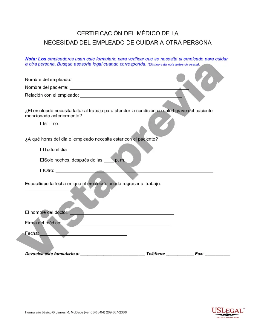 Preview Certificación médica de la necesidad del empleado de cuidar a otra persona
