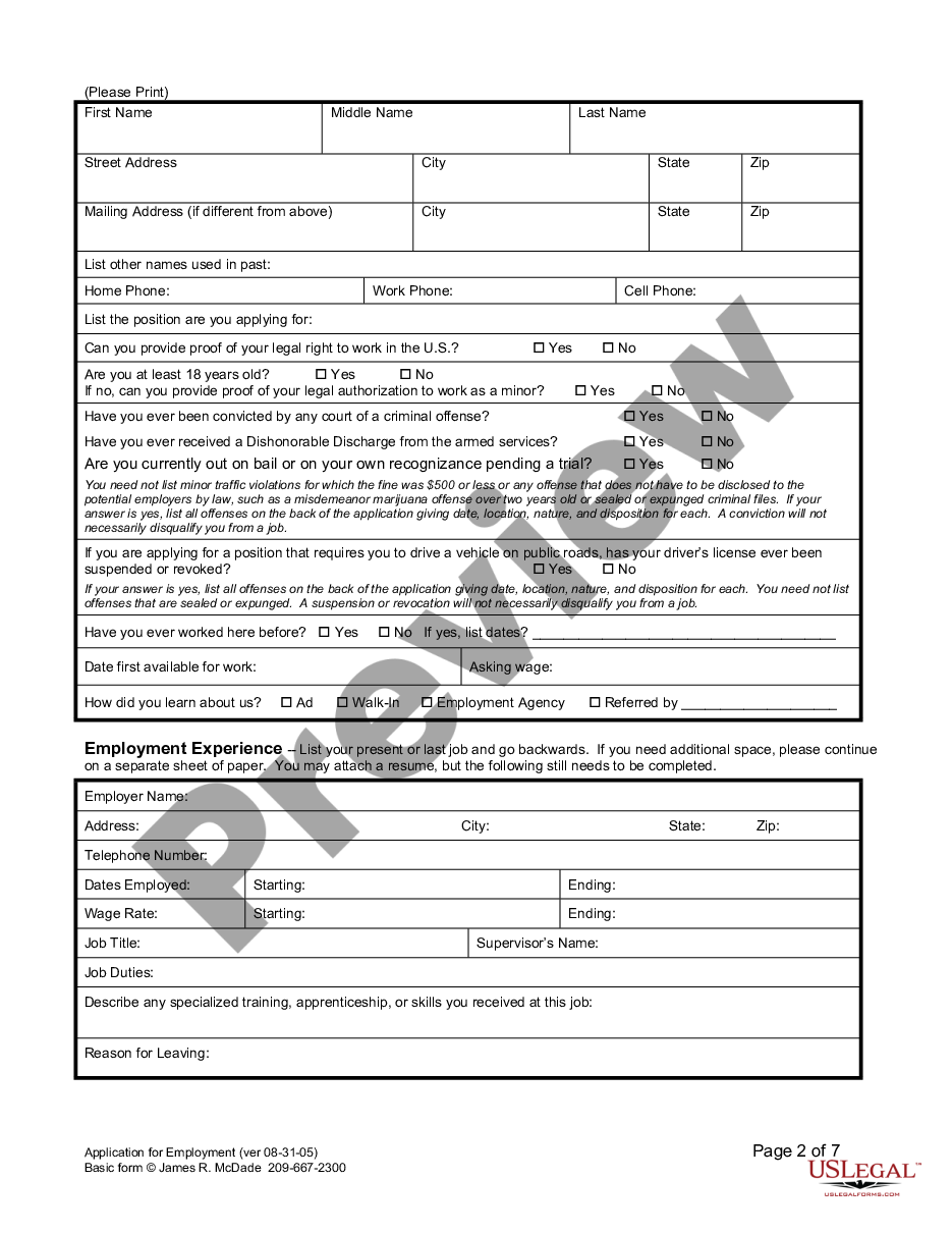 page 1 Employment or Work Application preview