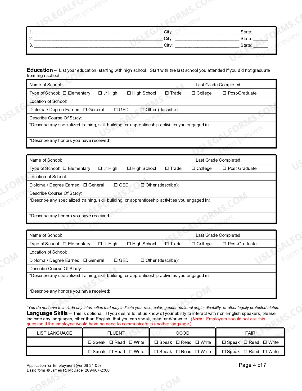 Preview Employment or Work Application