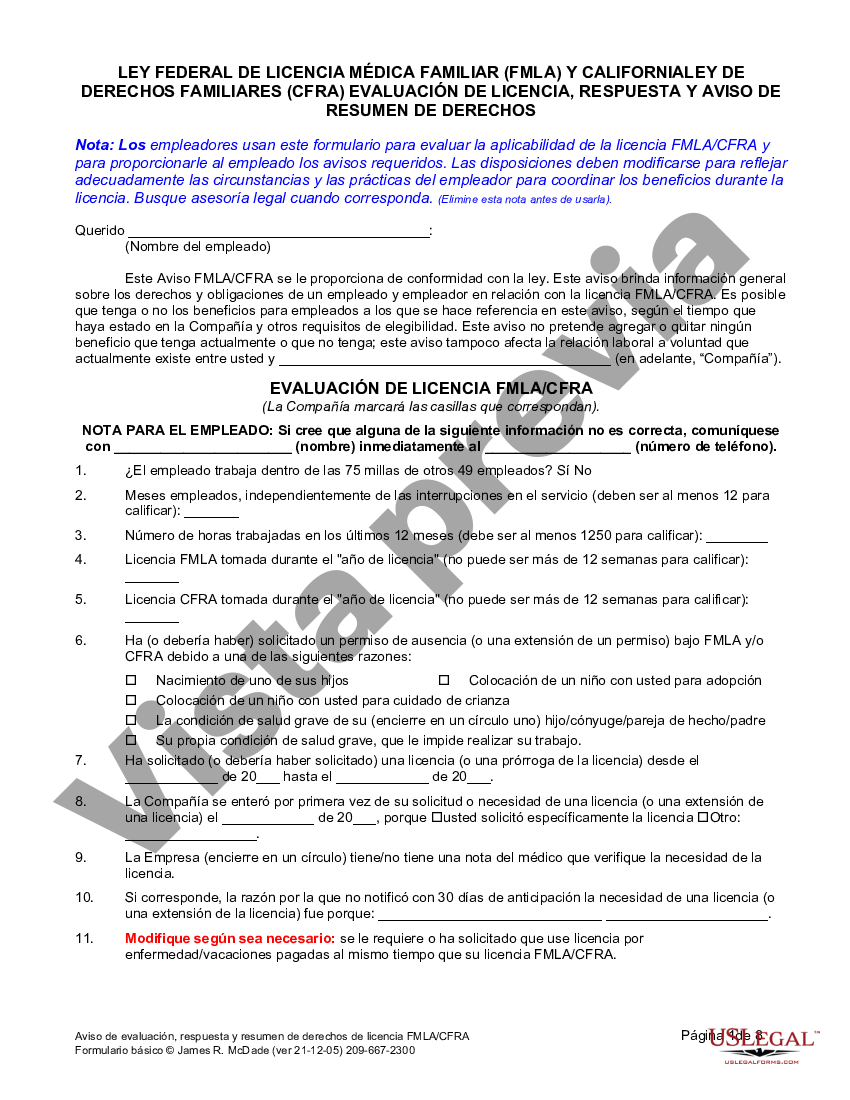 California Aviso De Solicitud FMLA Y Resumen De Derechos US Legal Forms
