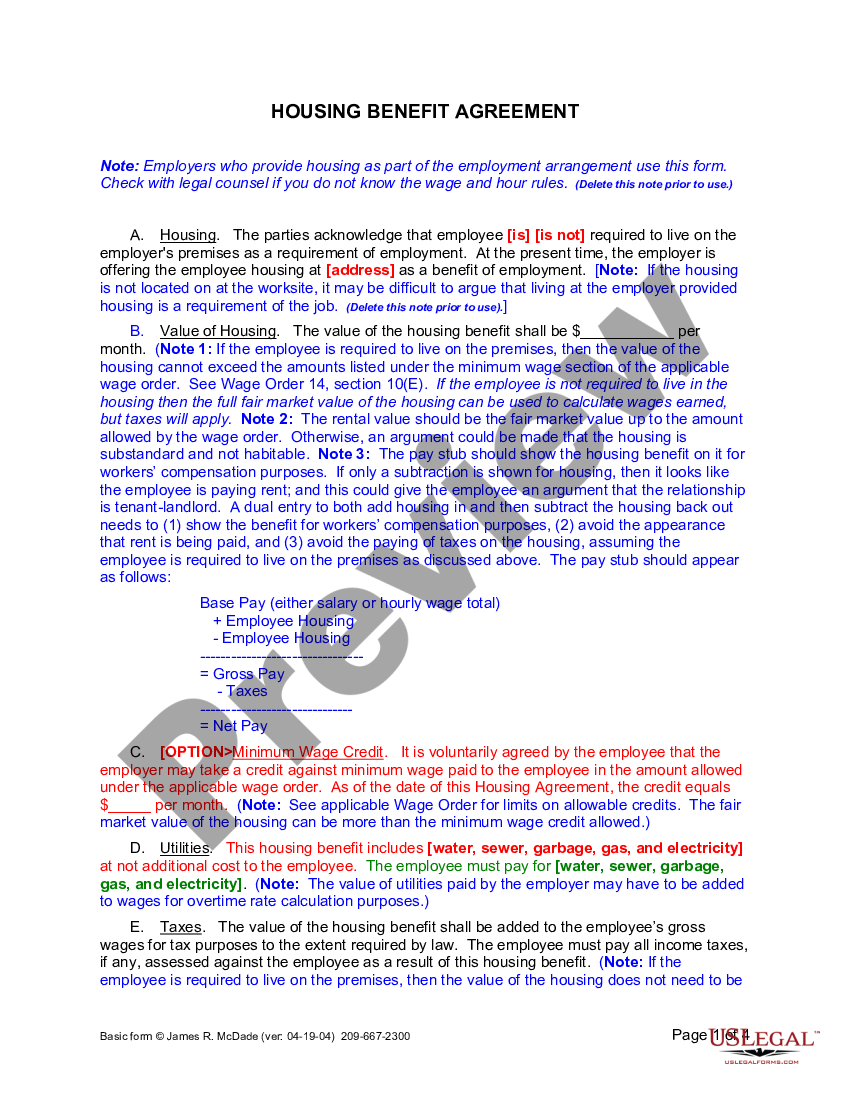 California Housing Benefit Agreement Employee Housing Agreement US