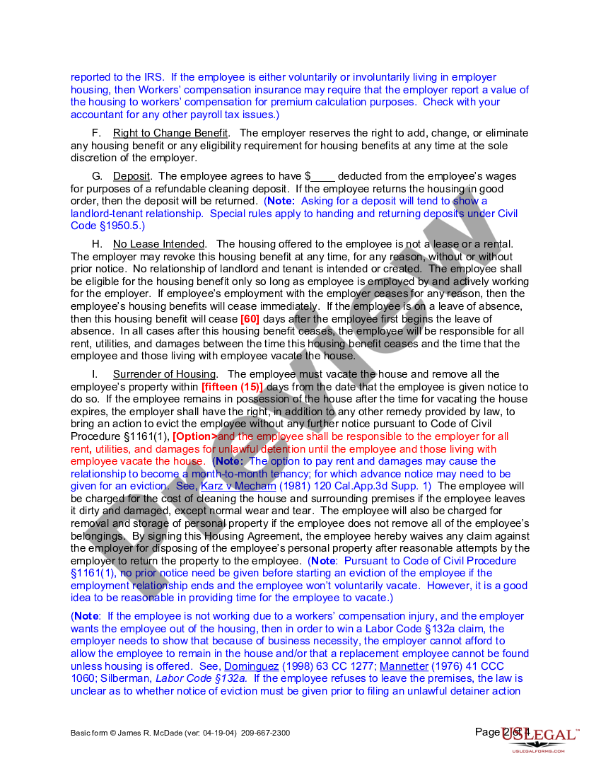 California Housing Benefit Agreement Employee Housing Agreement US