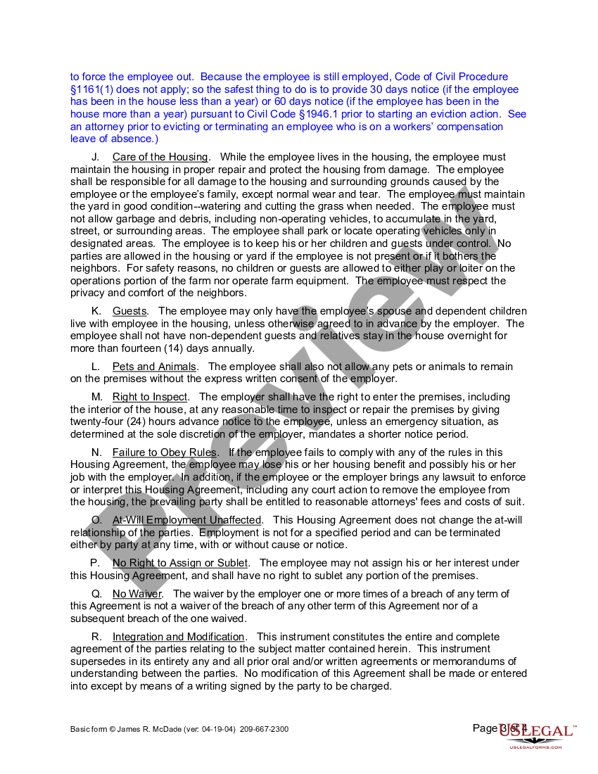 California Housing Benefit Agreement Employer Provided Housing