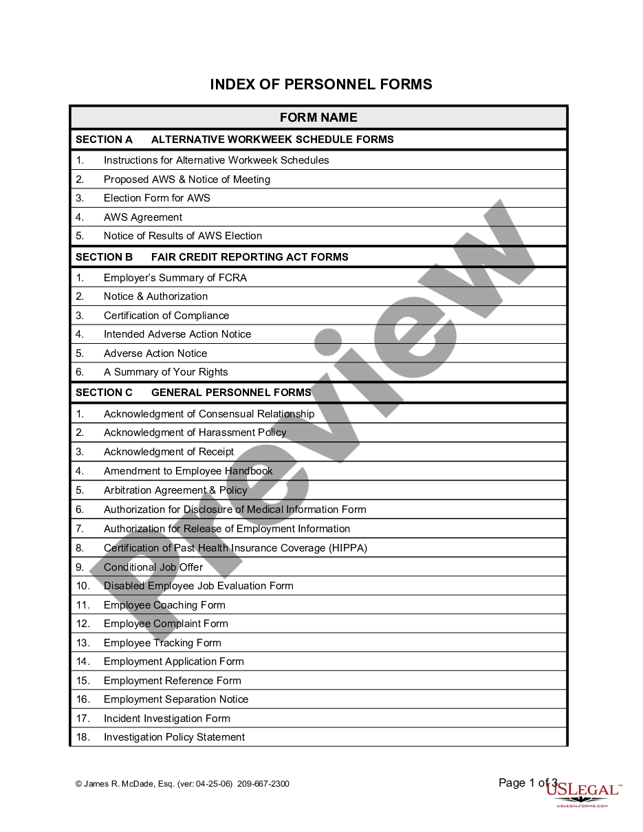page 0 List of Personnel Forms preview