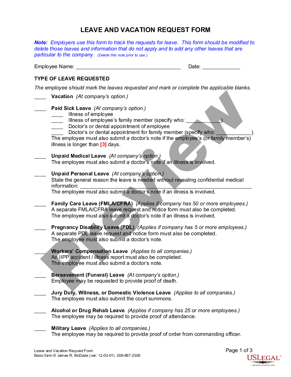 page 0 Leave and Vacation Request Form preview