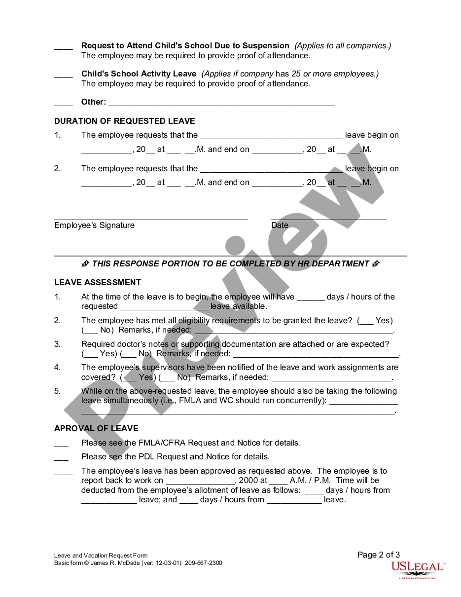 page 1 Leave and Vacation Request Form preview