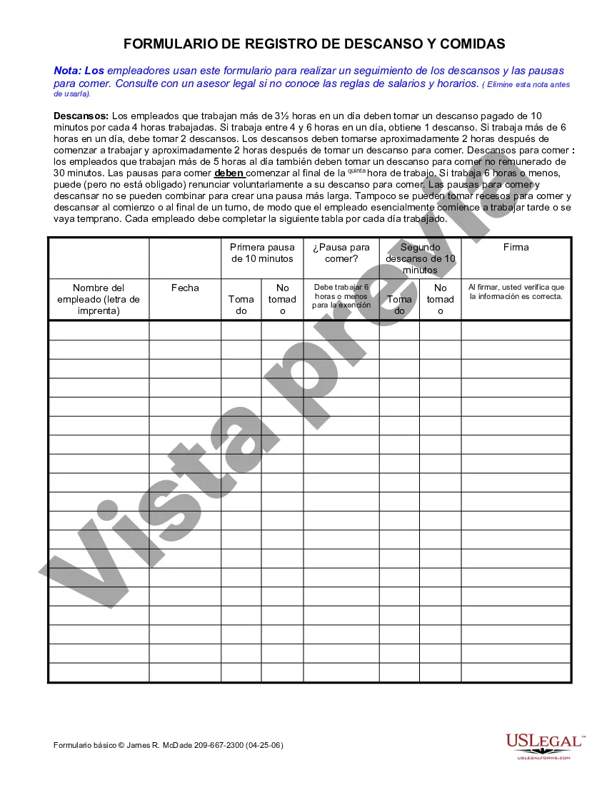 Get Formulario de registro de pausas para comidas y descansos Preview Formulario de registro de pausas para comidas y descansos