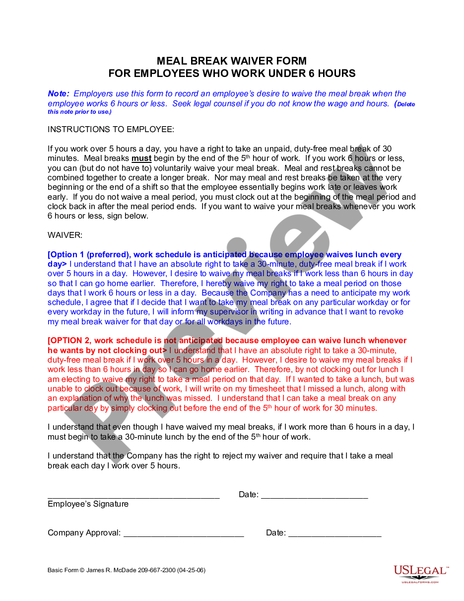 form Meal Break Blanket Waiver for 6 Hour Employees preview