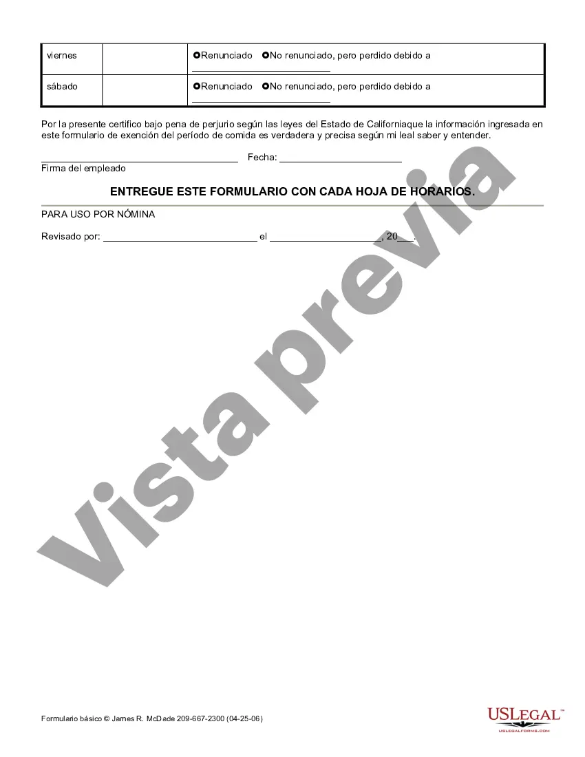 Preview Exención diaria de descanso para comidas para empleados de 6 horas