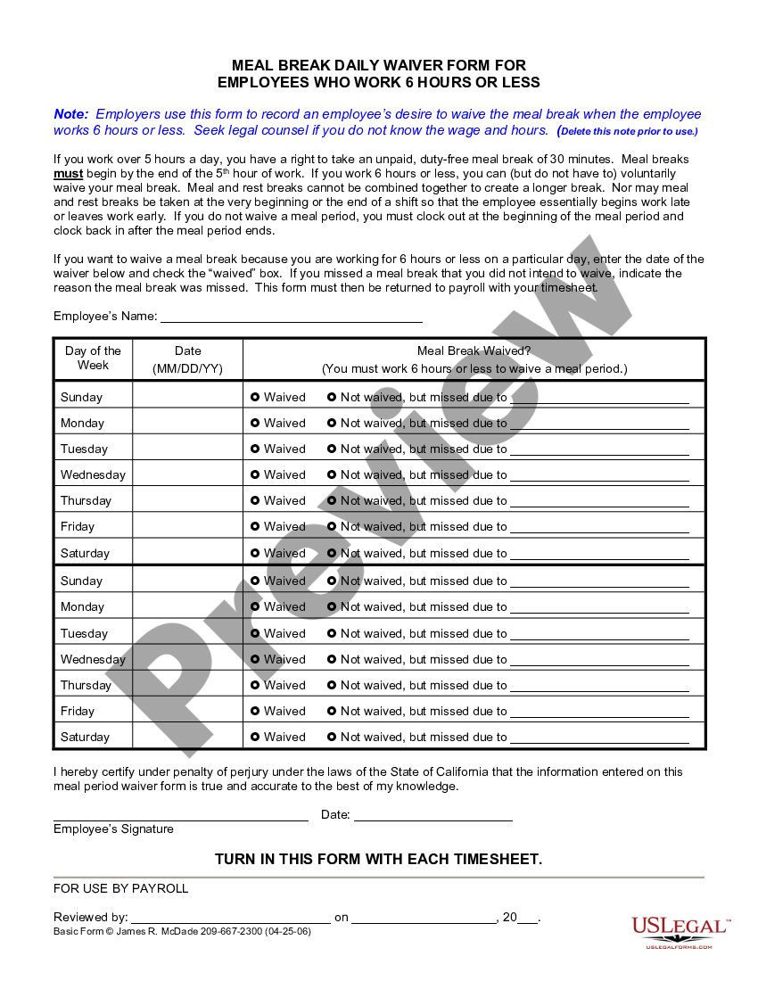 California Meal Break Daily Waiver For 6 Hour Employees California Meal Break Law US Legal Forms