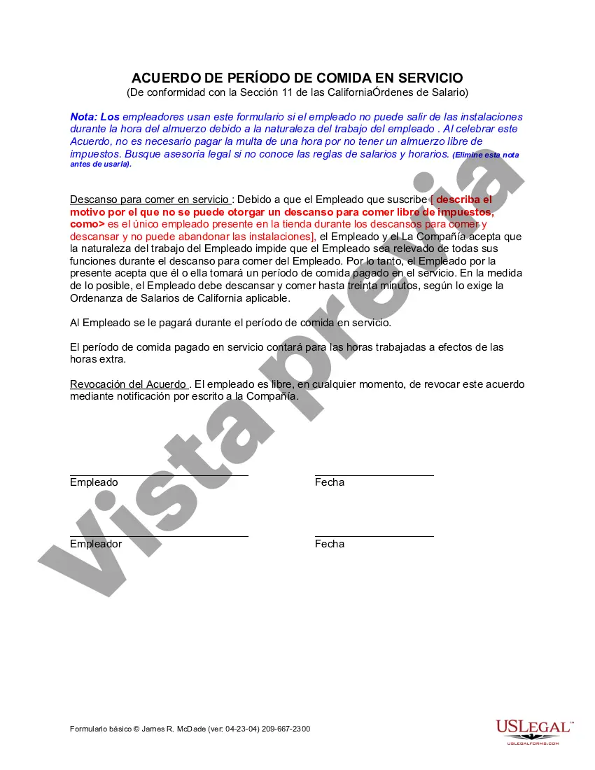 Preview Acuerdo de período de comida en servicio