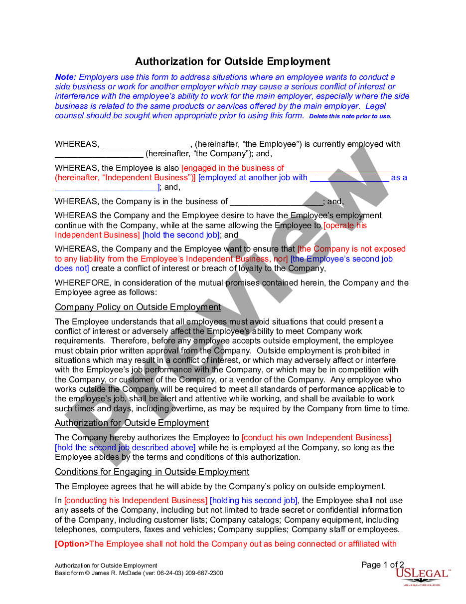 page 0 Outside Employment Authorization preview