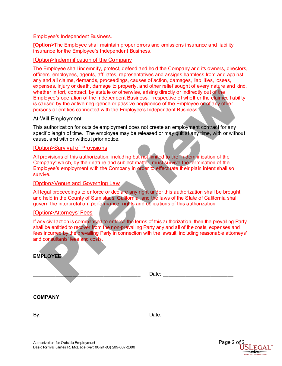 page 1 Outside Employment Authorization preview