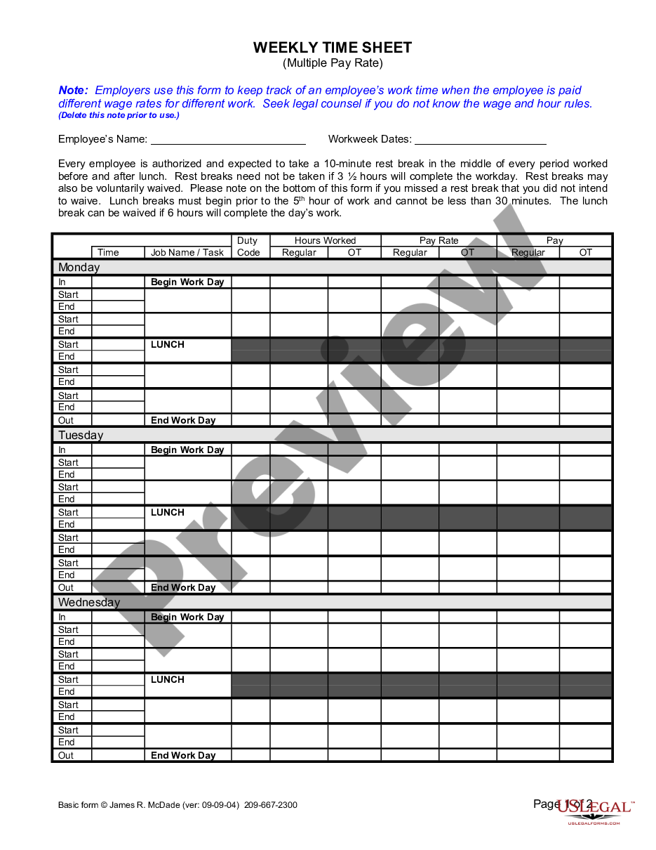 page 0 Weekly Time Sheet for Multiple Pay Rate preview