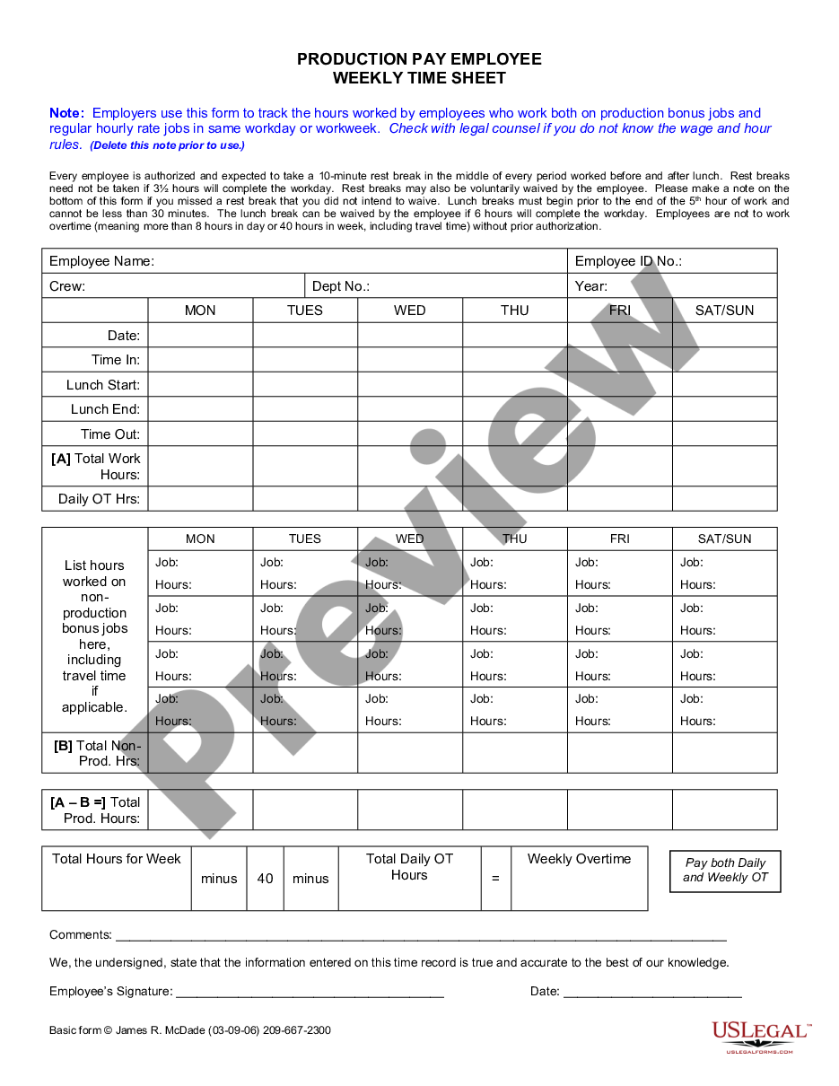 page 0 Weekly Time Sheet for Production Pay Employee preview