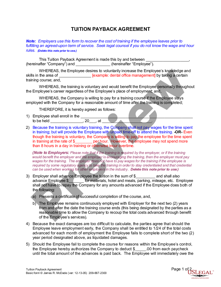 form Tuition Payback Agreement preview