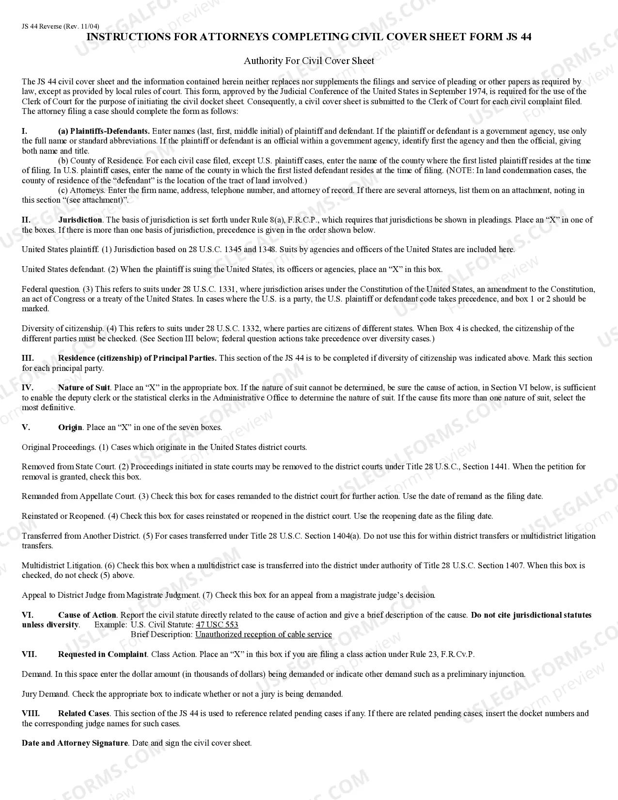 Preview JS-44 Civil Cover Sheet - Federal District Court