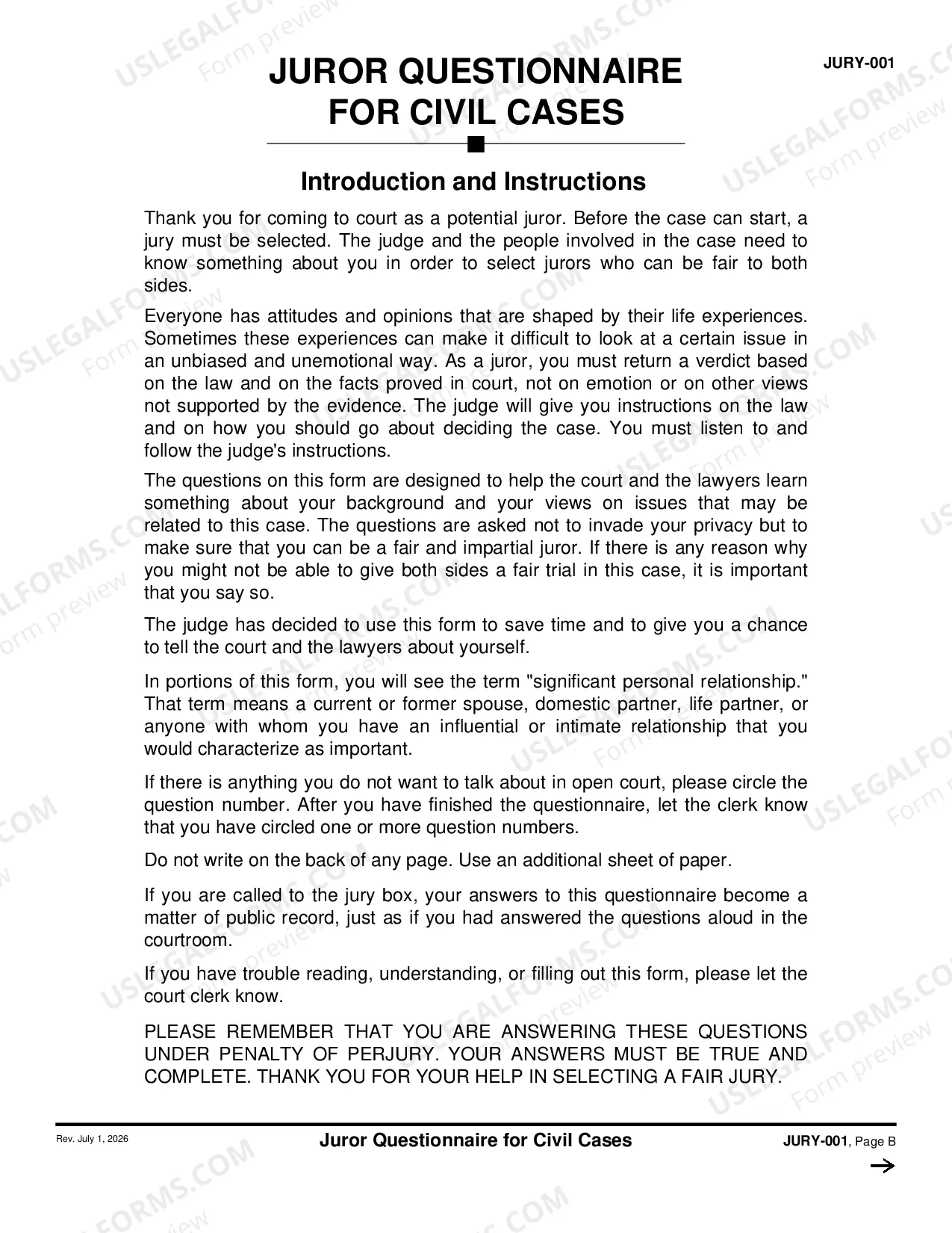 Preview Juror Questionnaire for Civil Cases