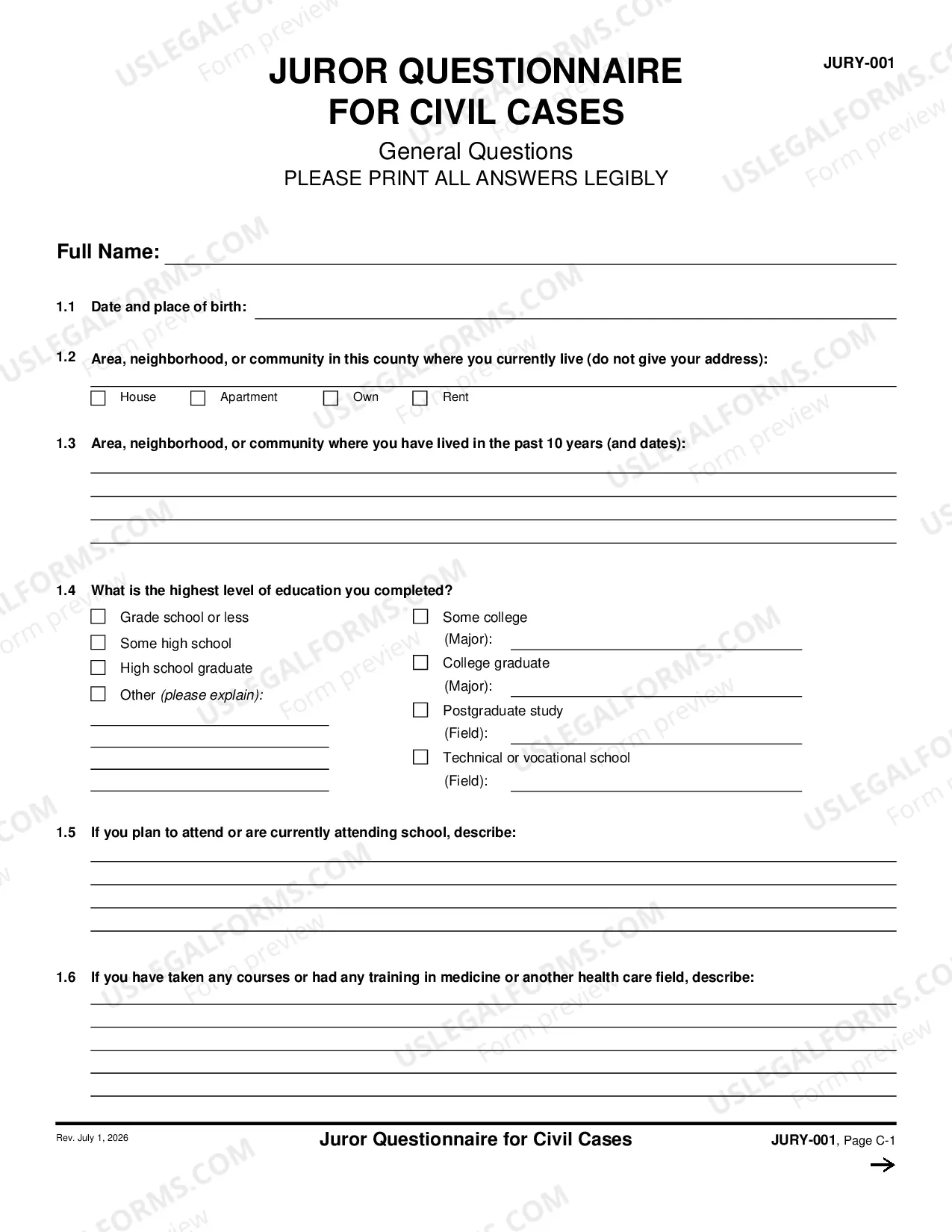 Preview Juror Questionnaire for Civil Cases