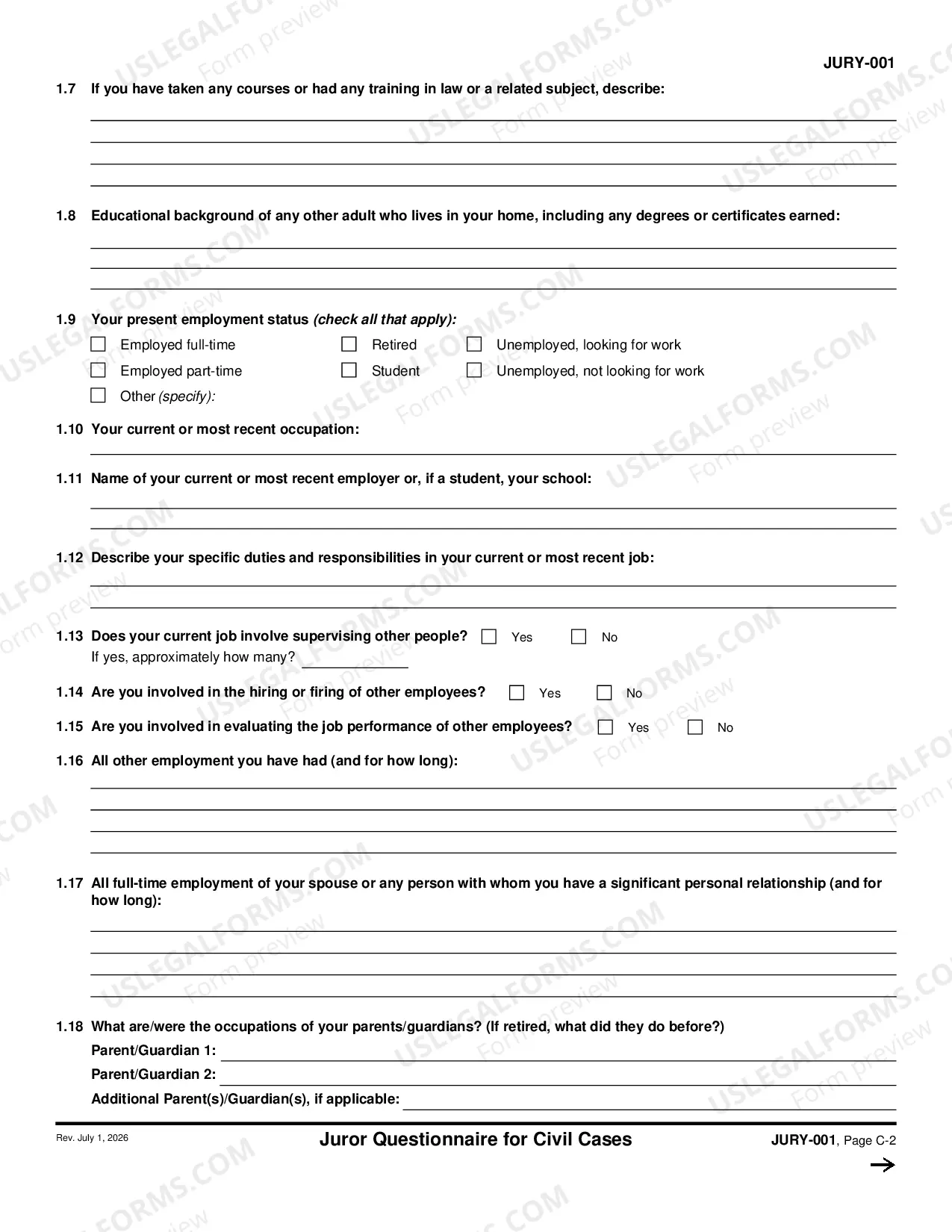 Preview Juror Questionnaire for Civil Cases