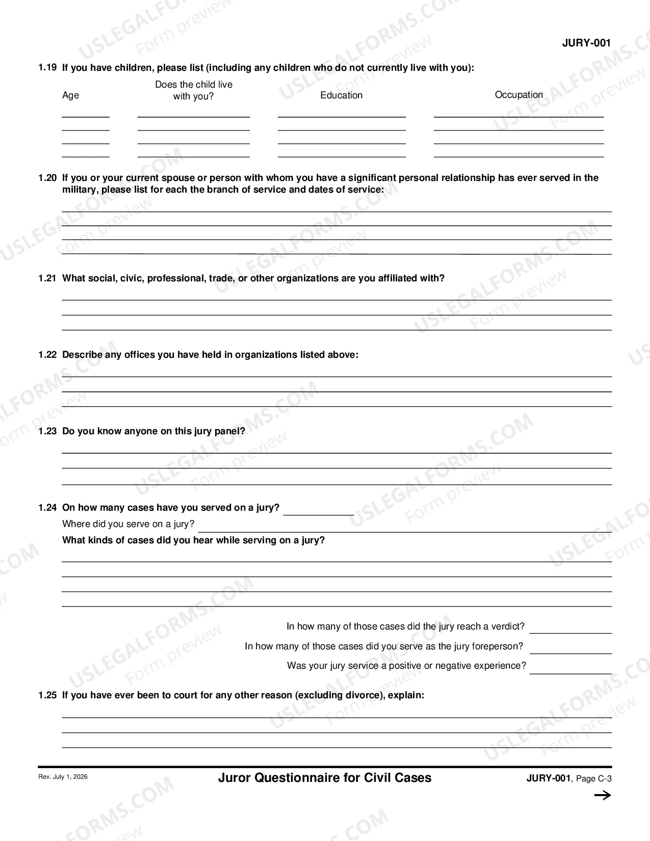 Preview Juror Questionnaire for Civil Cases