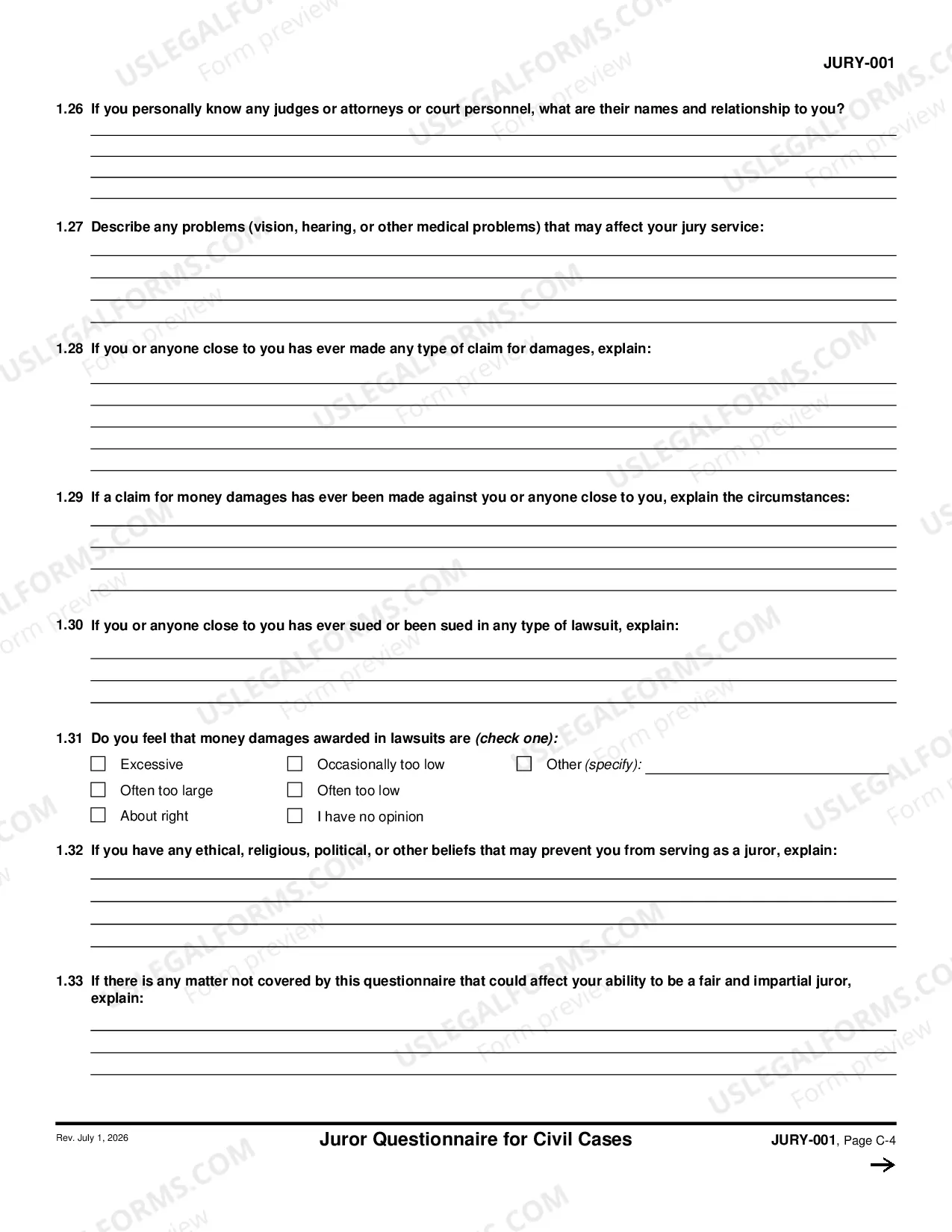 Preview Juror Questionnaire for Civil Cases
