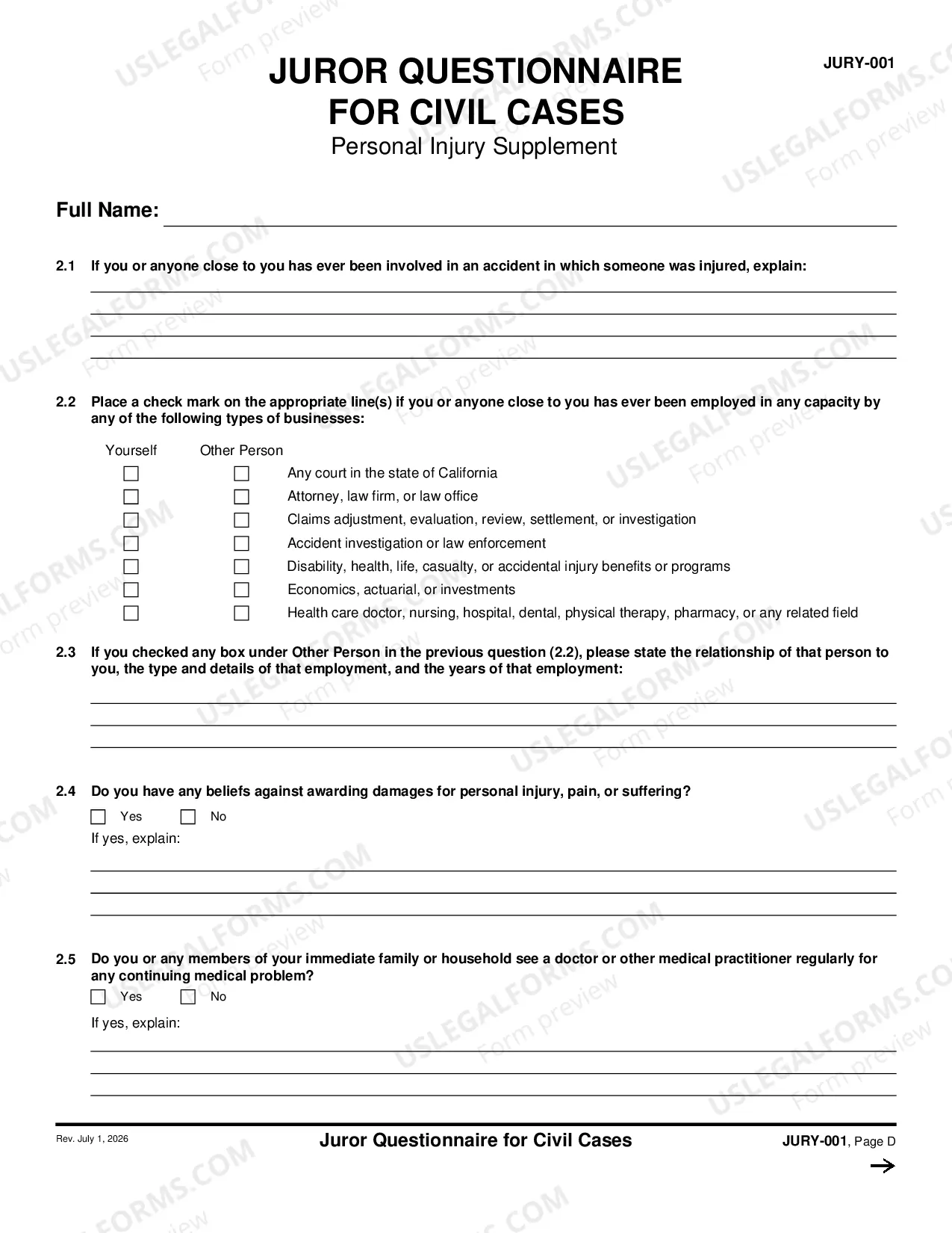 Preview Juror Questionnaire for Civil Cases