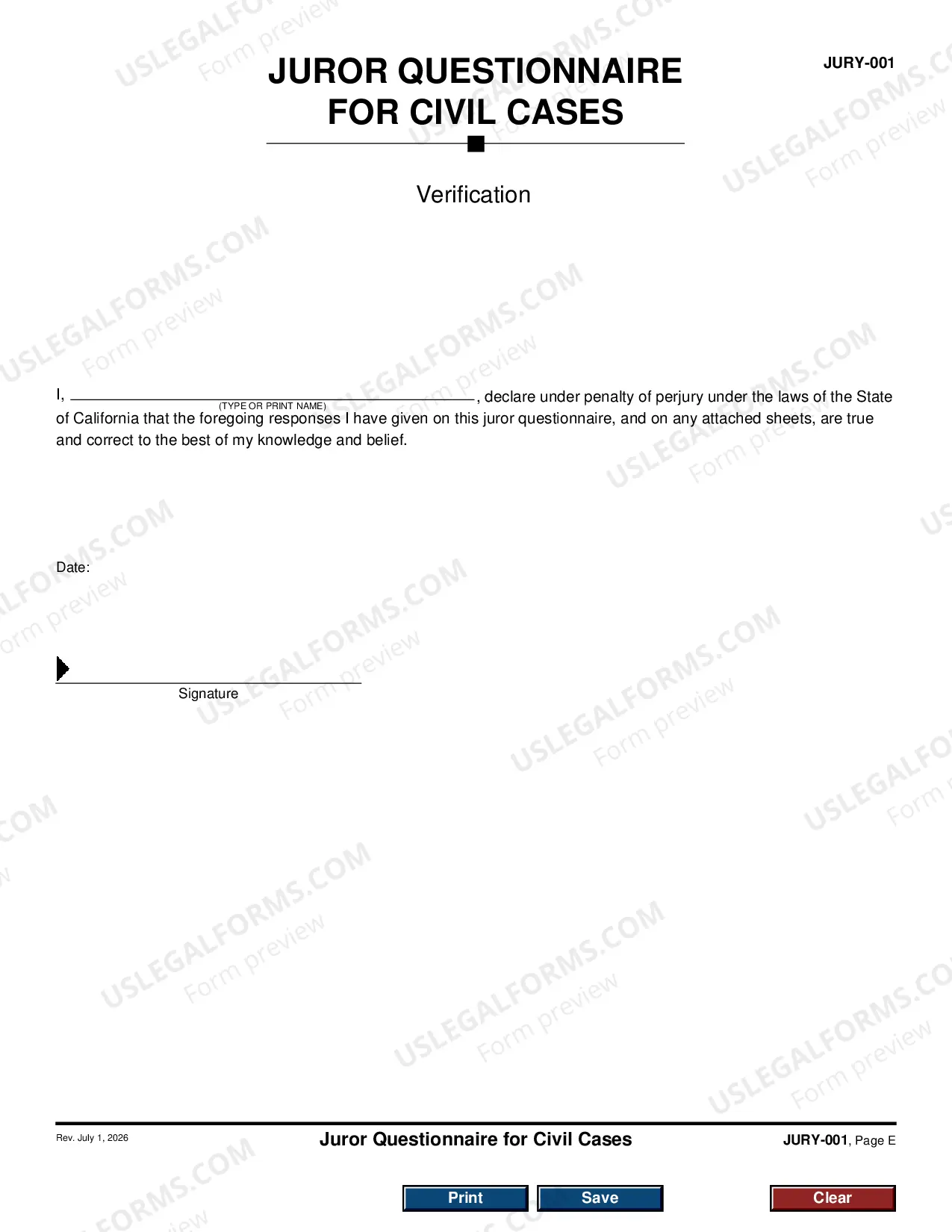 Preview Juror Questionnaire for Civil Cases