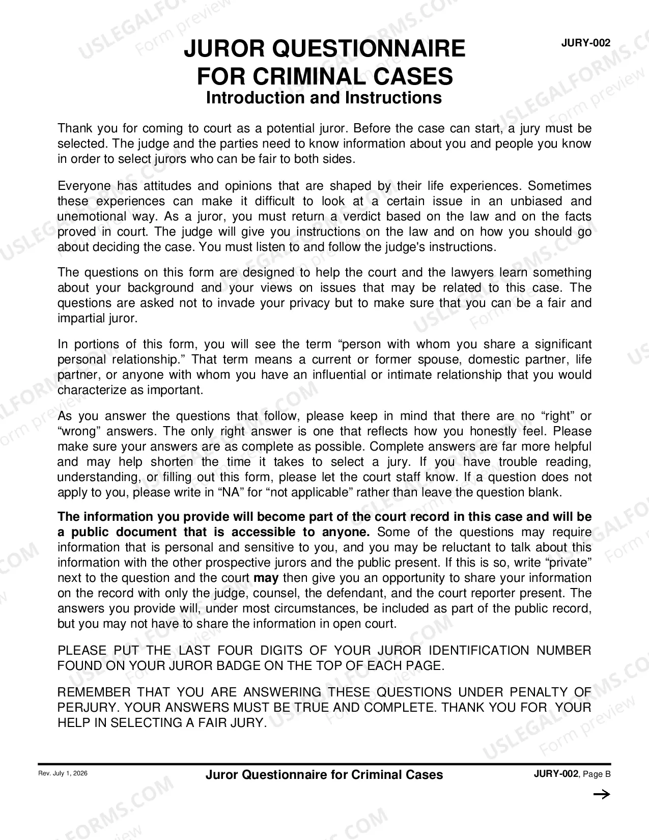 Preview Juror Questionnaire for Criminal Cases - Capital Case Supplement