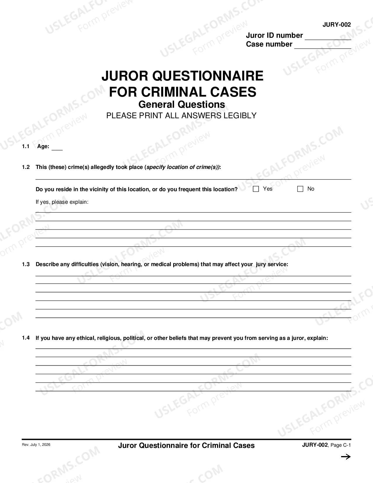 Preview Juror Questionnaire for Criminal Cases - Capital Case Supplement