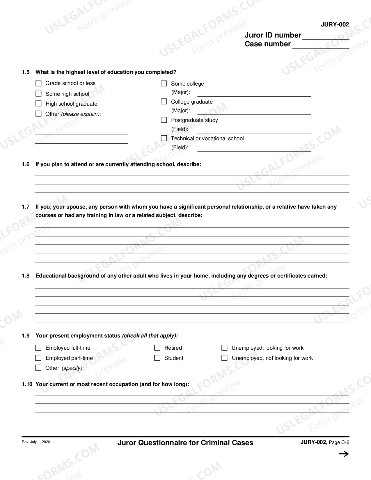 Preview Juror Questionnaire for Criminal Cases - Capital Case Supplement