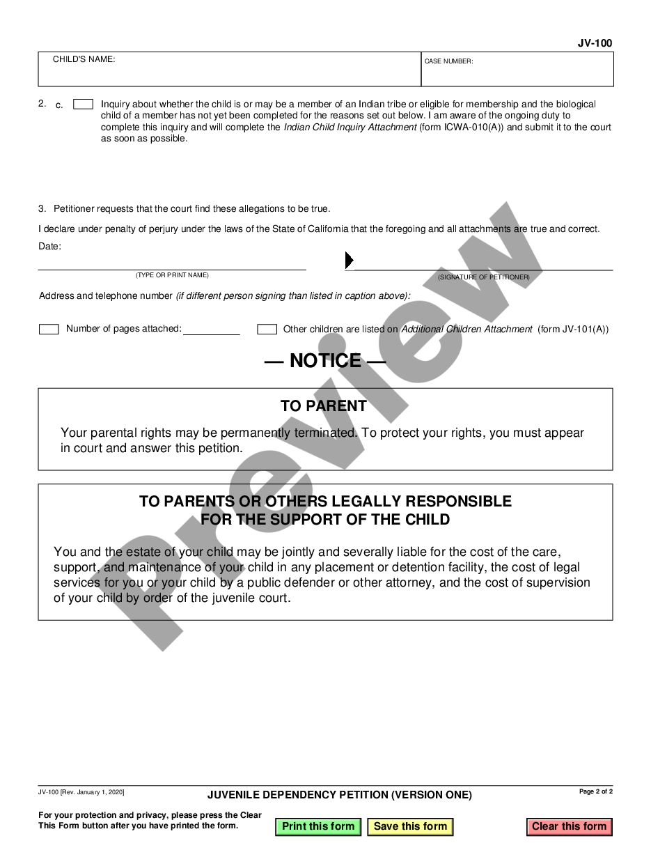 page 1 Juvenile Dependency Petition - Version One preview