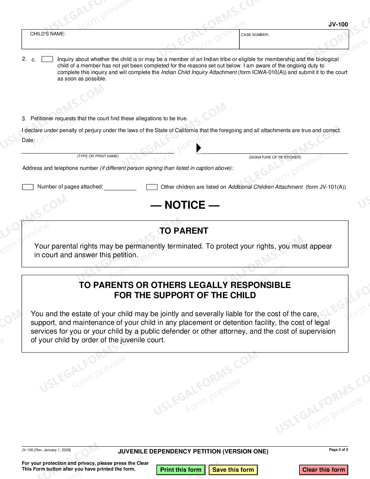 Preview Juvenile Dependency Petition - Version One