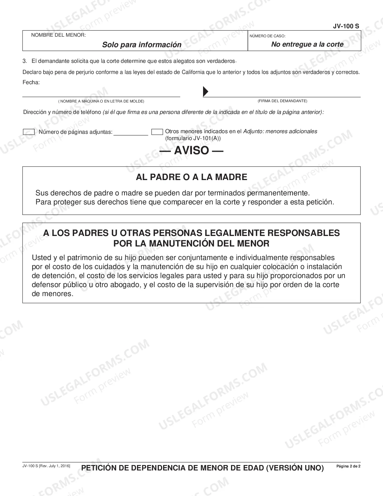 Preview Juvenile Dependency Petition - Version One - Welfare and Institutions Code Section 300 et seq - Spanish