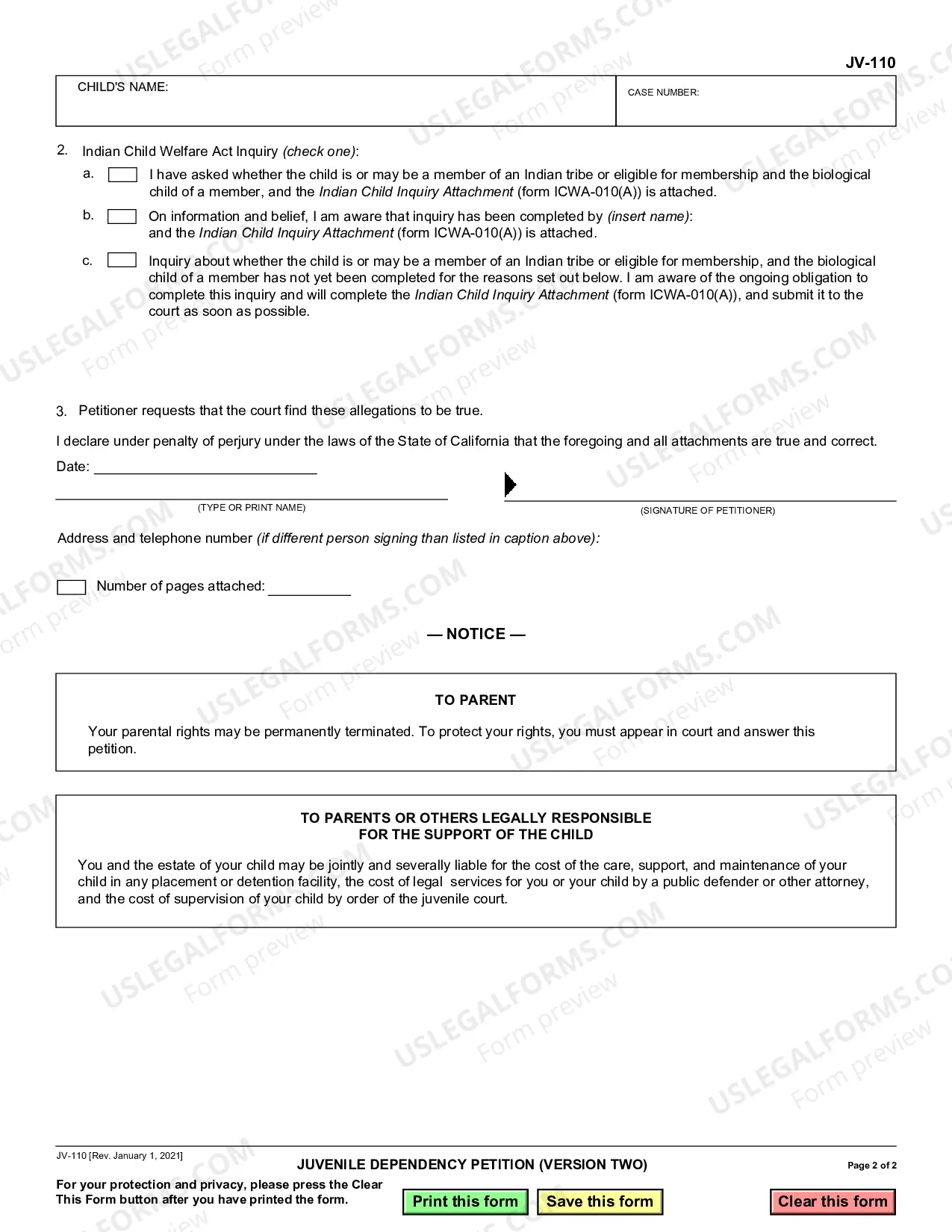 Preview Juvenile Dependency Petition - Version Two