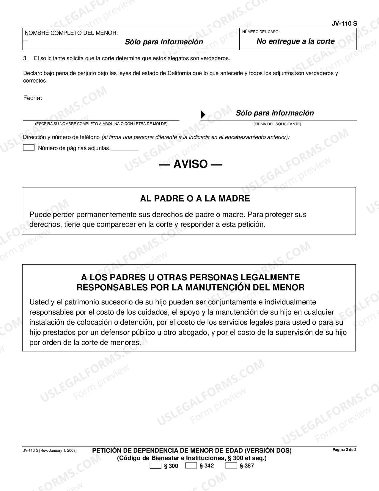 Preview Juvenile Dependency Petition - Version Two - Spanish