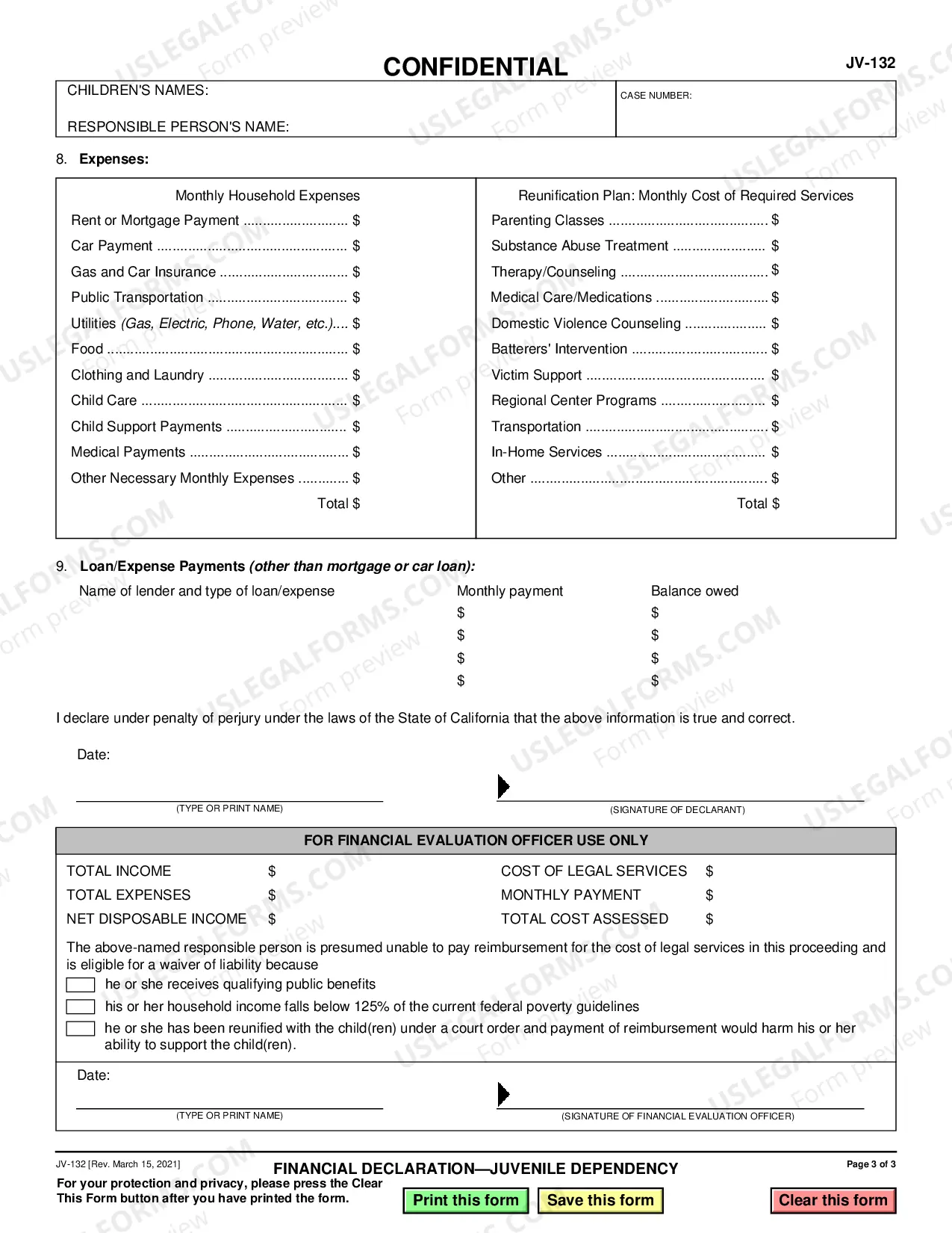 Preview Financial Declaration - Juvenile Dependency
