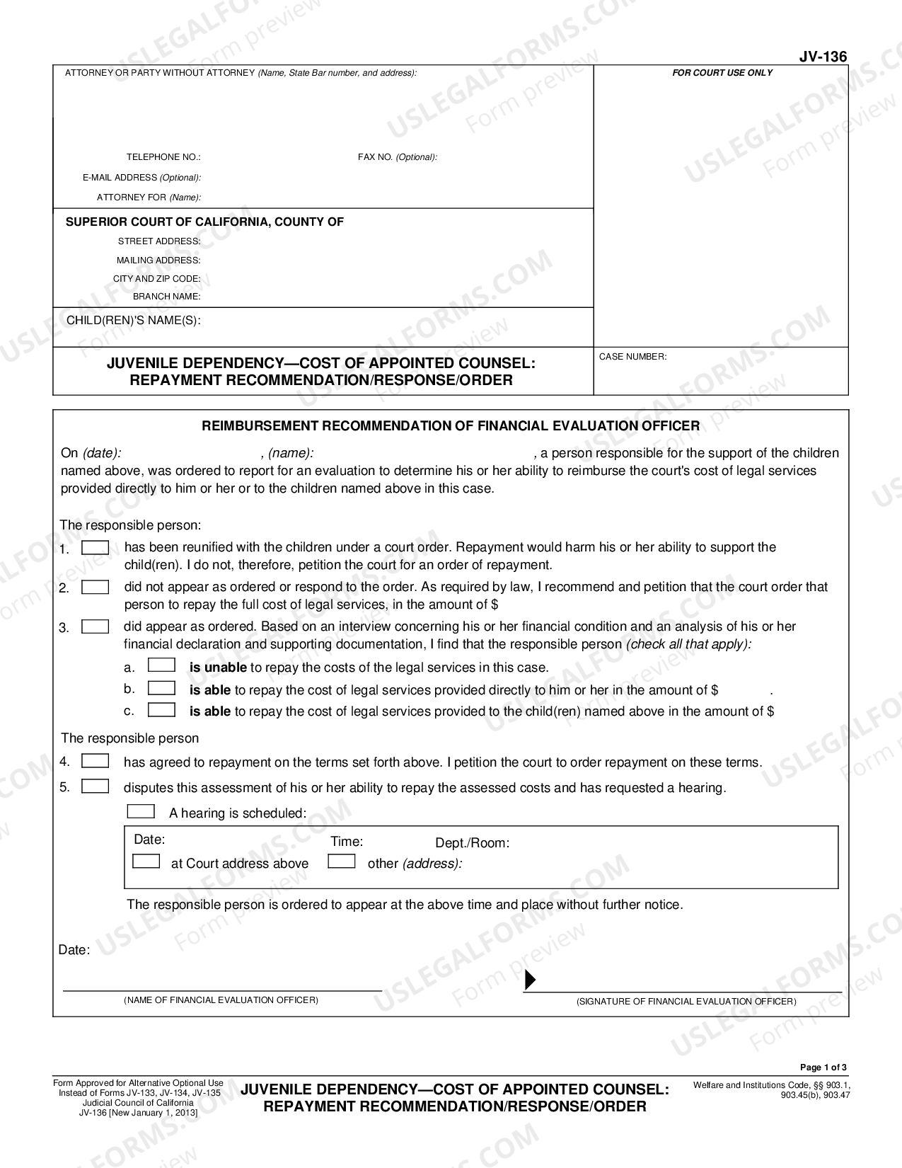 San Bernardino California Juvenile Dependency - Cost of Appointed Counsel -  Repayment Recommendation / Response / Order | US Legal Forms