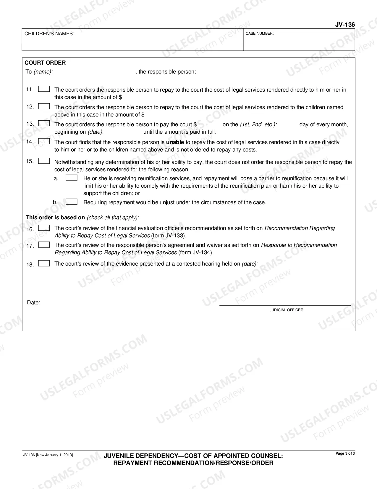 Preview Juvenile Dependency - Cost of Appointed Counsel - Repayment Recommendation / Response / Order