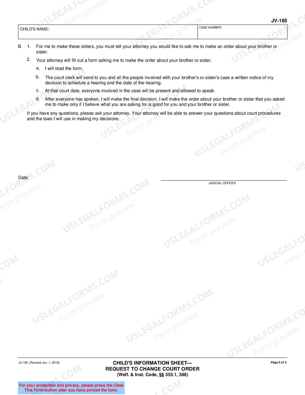Preview Child's Information Sheet - Request to Change Court Order