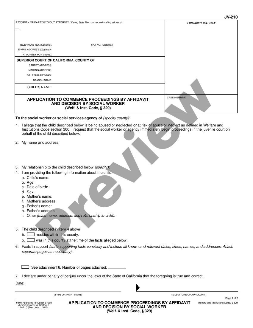 California Welfare And Institutions Code 300 California Application to Commence Proceedings by Affidavit and